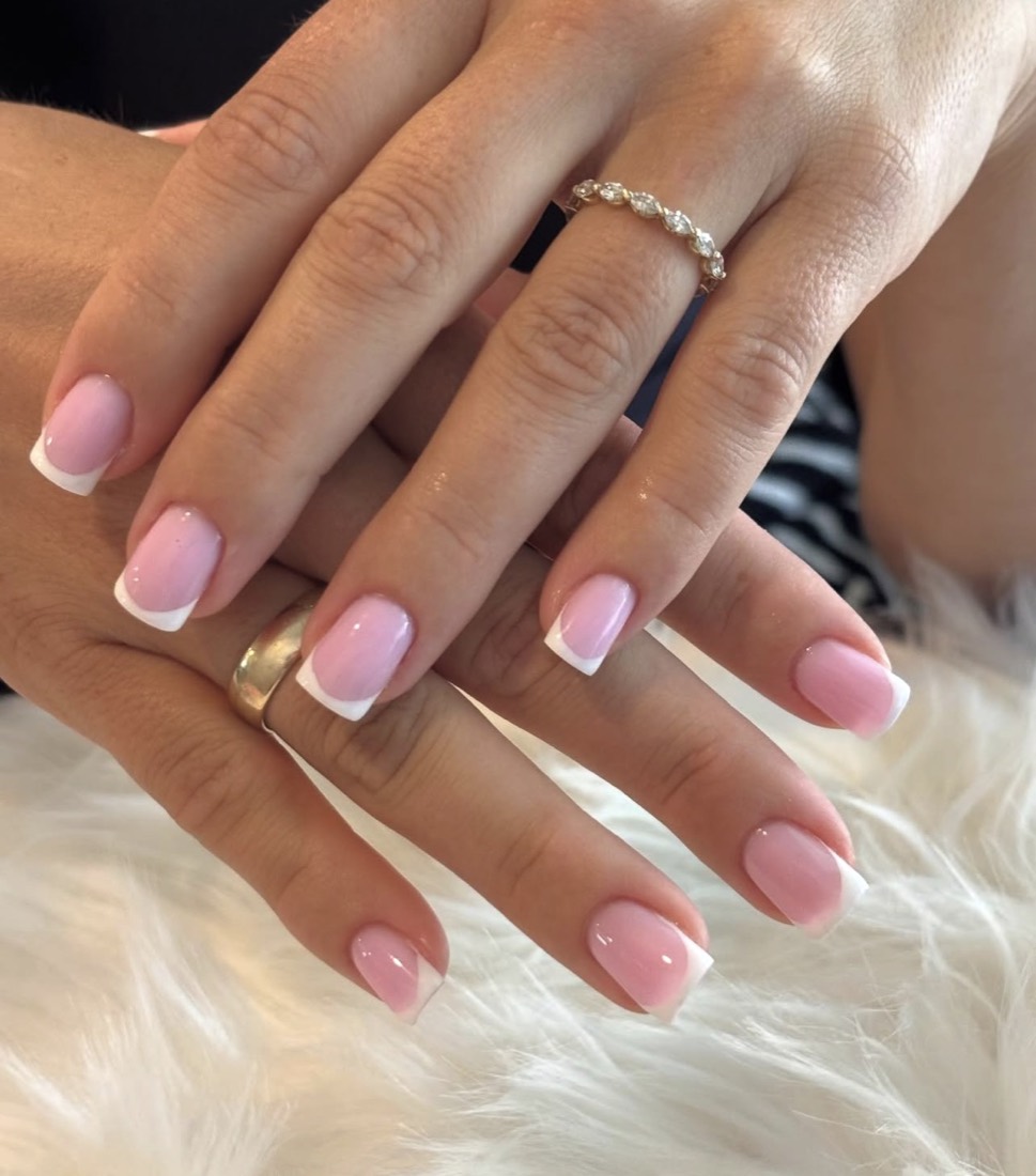 Classic pink-and-white French Russian manicure on square nails
